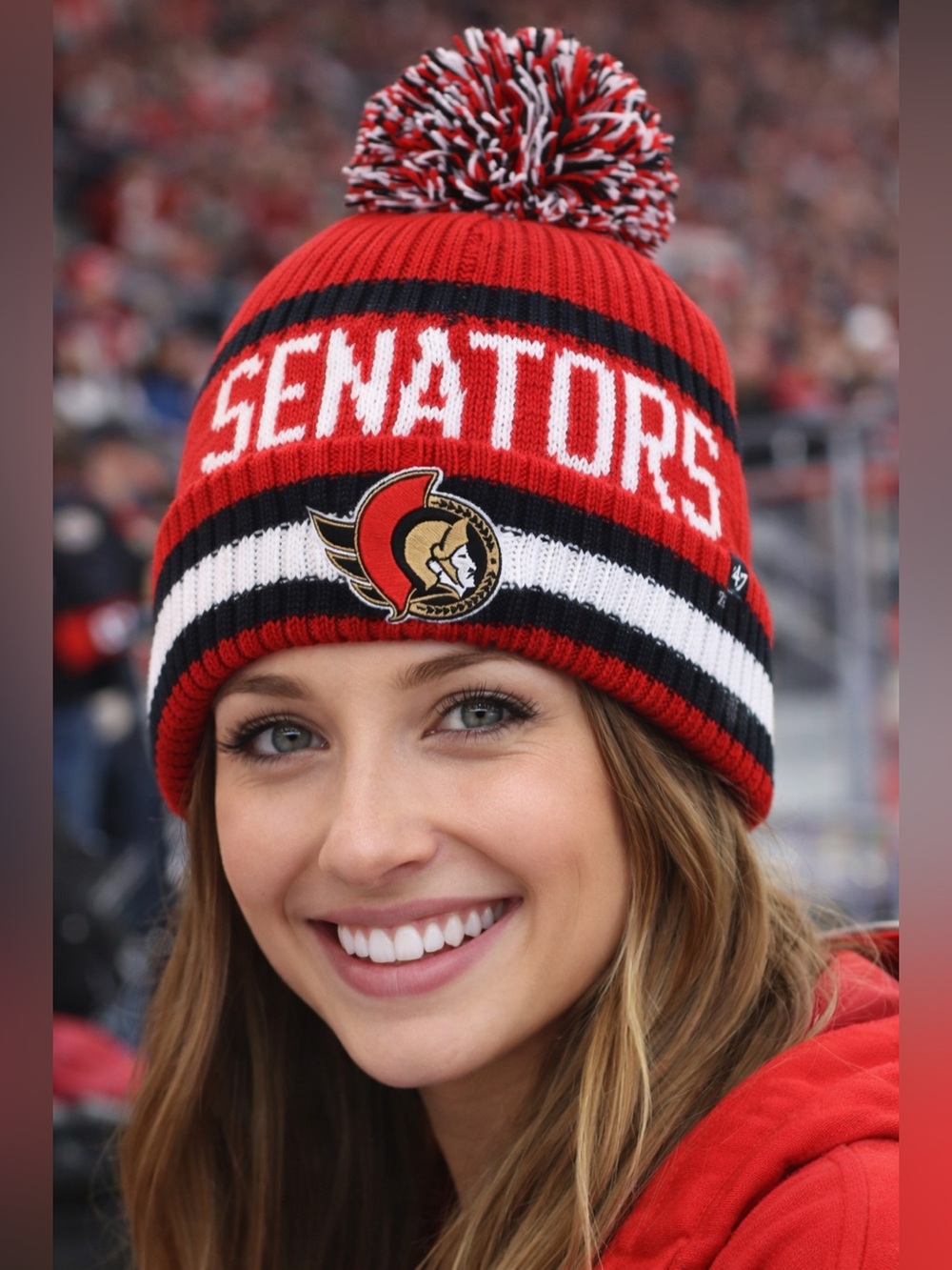 47 Ottawa Senators Red Black White Pom Beanie